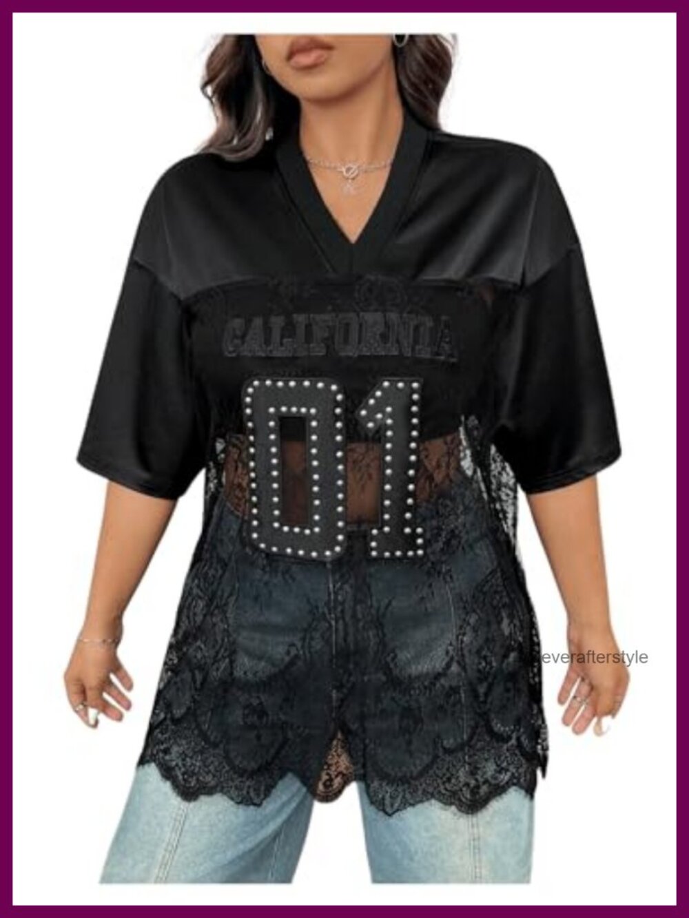 Plus Size Lace Sheer Graphic Tee V-Neck Half Sleeve